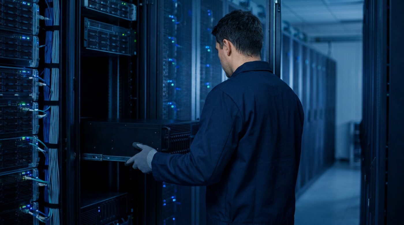 A technician sliding a GPU server into a rack