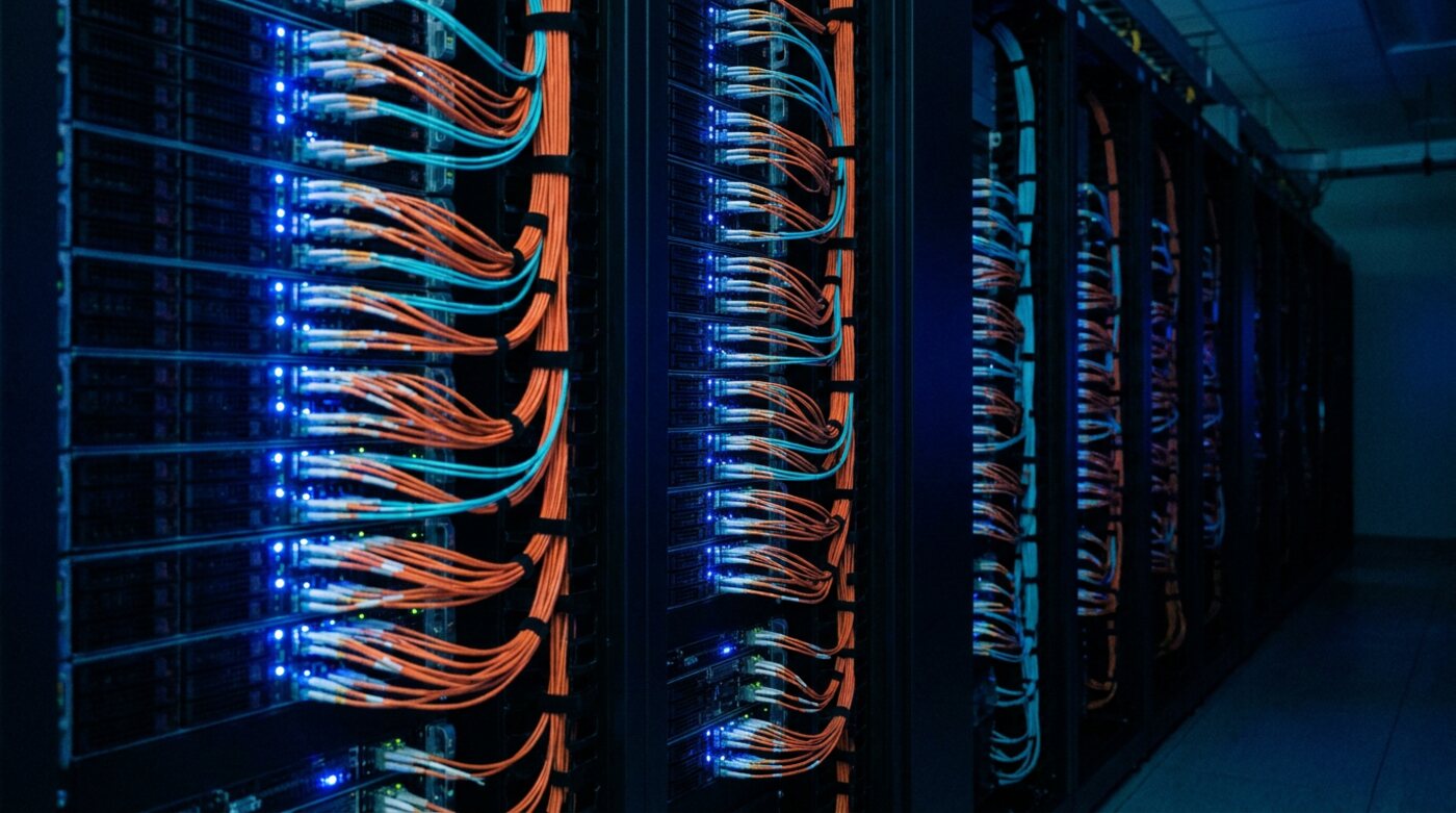 GPU server racks with dense orange and cyan InfiniBand fibre cabling