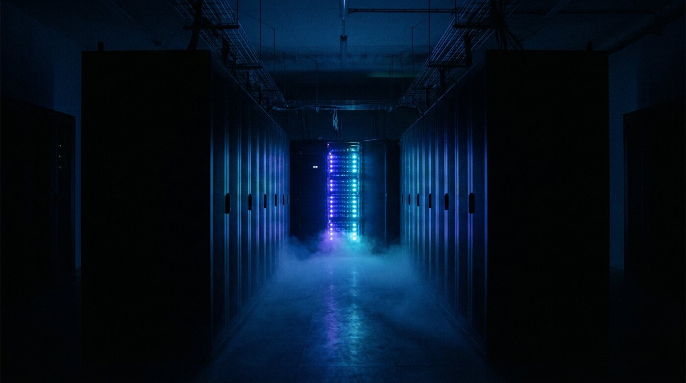 A dark data-centre aisle with a single lit rack