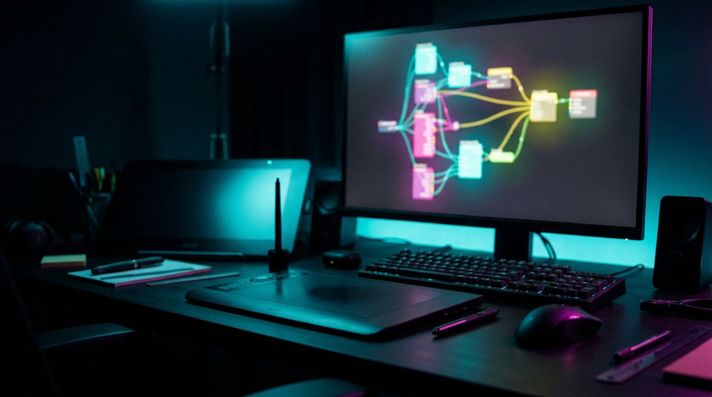 A dark studio desk with a monitor showing a glowing node graph