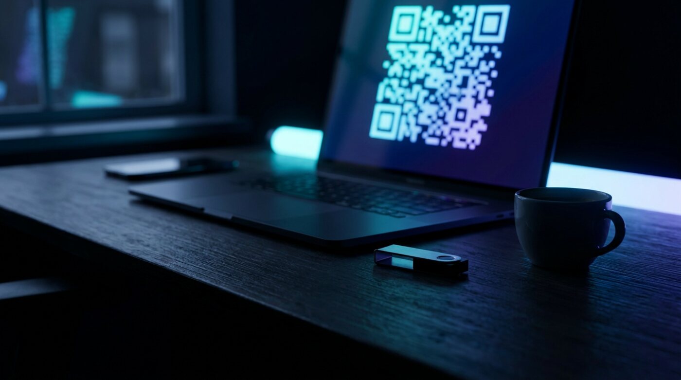 A hardware wallet and a laptop showing a QR code on a dark desk