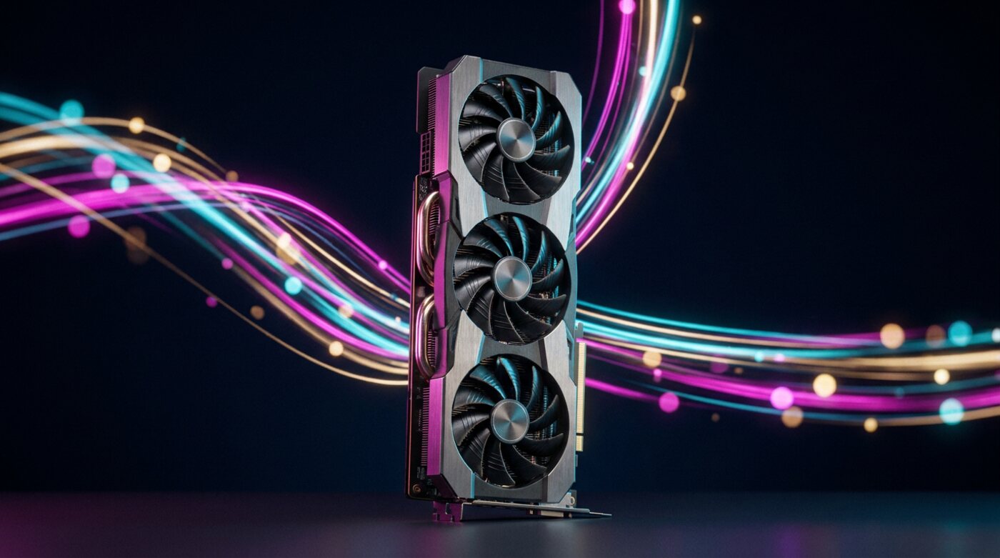 A triple-fan graphics card among colourful light streaks