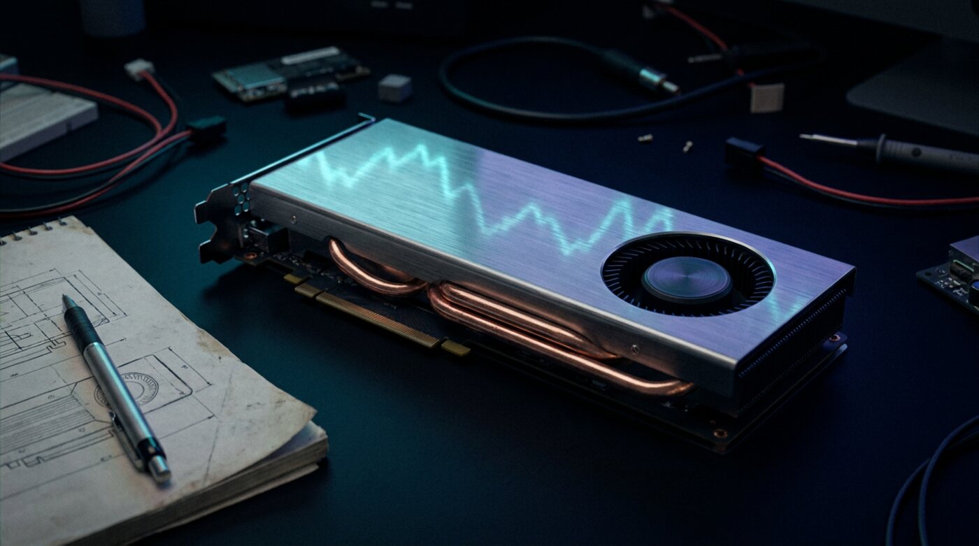 A graphics card on a workbench with a chart reflected on its shroud