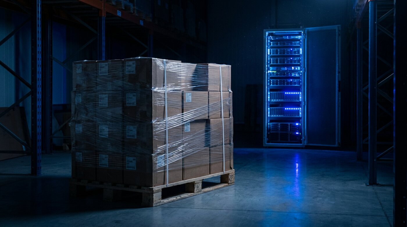 A pallet of boxed servers in a warehouse with a lit rack behind