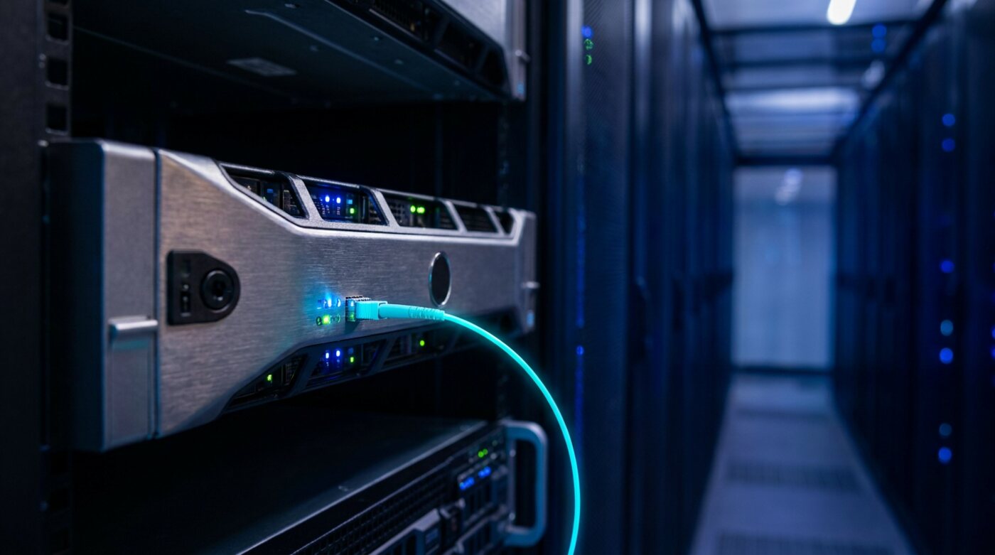 Front panel of a rack server with a cyan cable plugged in