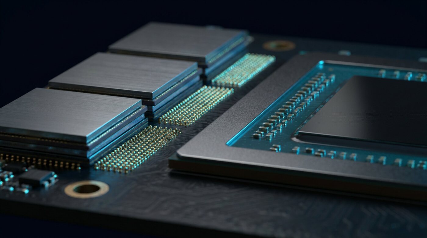 Macro view of HBM memory stacks next to a GPU die