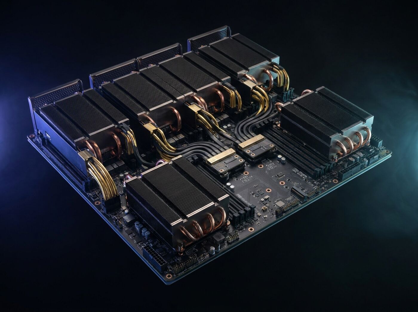 An eight-GPU accelerator baseboard with NVLink bridges under indigo light