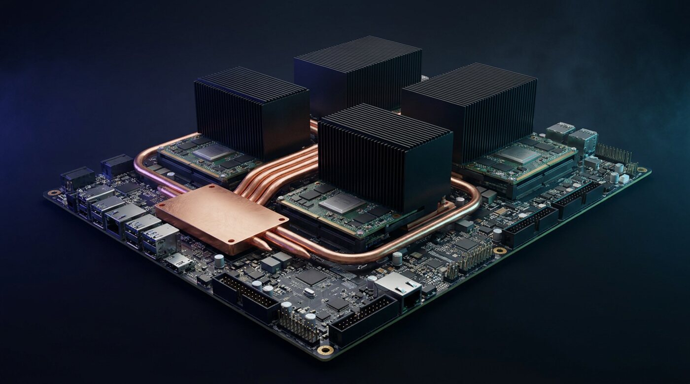 An OAM accelerator baseboard with modules under black heatsinks and copper heat pipes