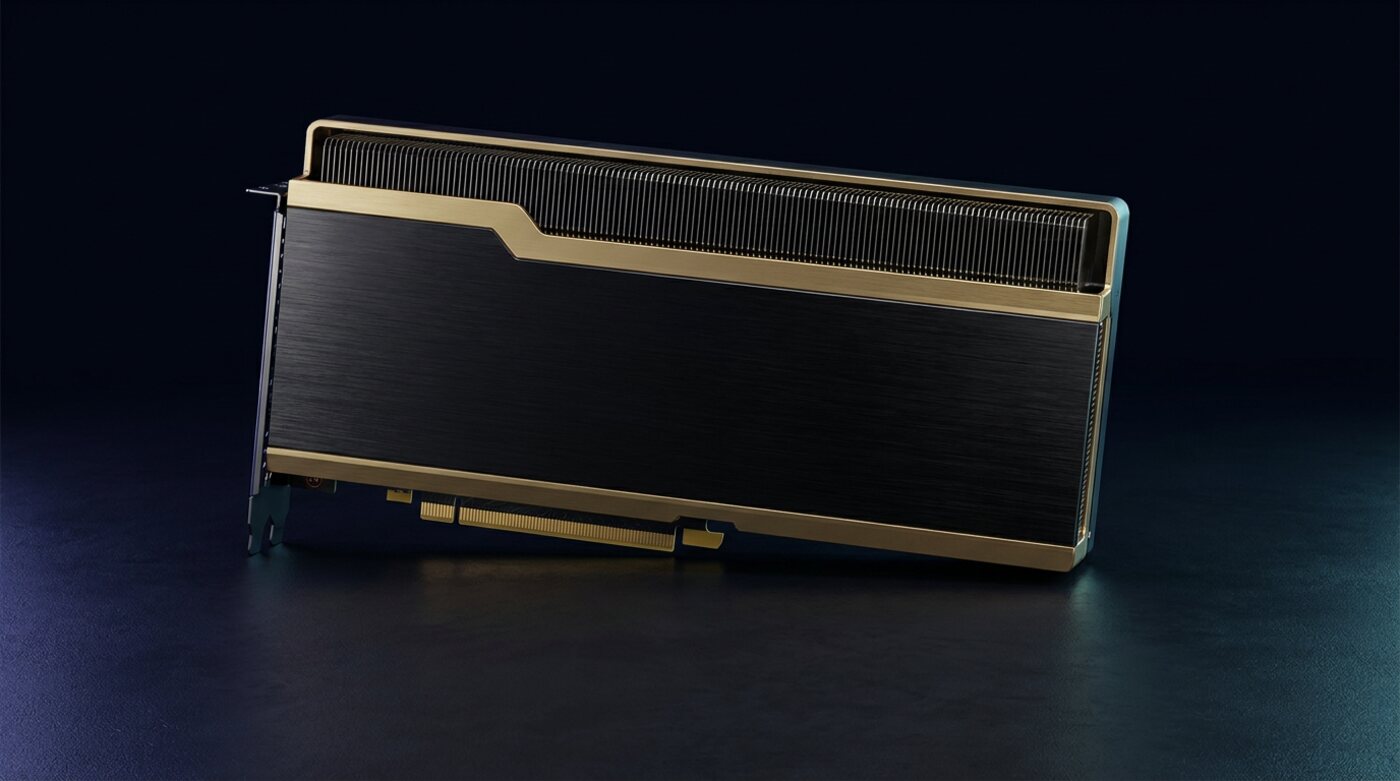 A passively cooled dual-slot data-center GPU card on a dark surface