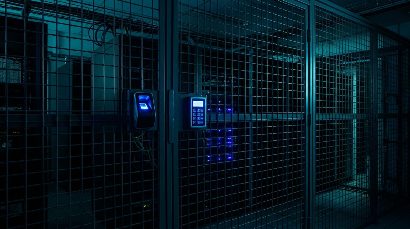 A locked data-centre cage with a biometric reader