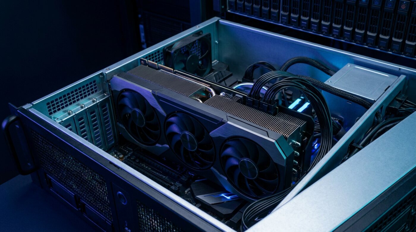 A triple-fan workstation graphics card installed in a 4U server chassis